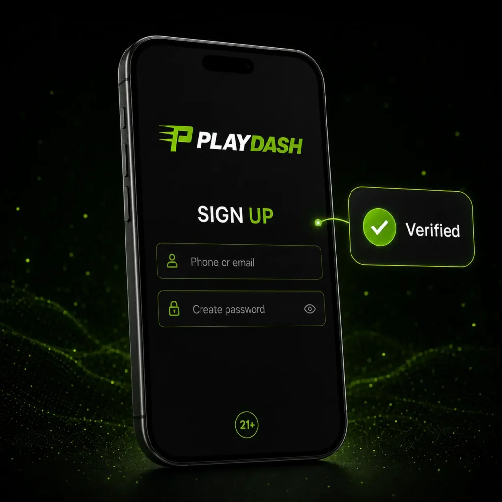 PlayDash sign up form with verified phone or email and 21 plus requirement