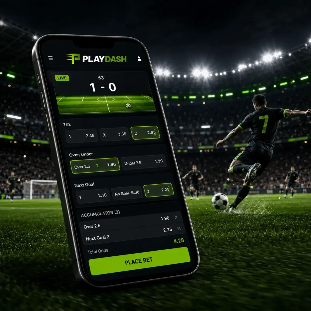 PlayDash live football betting interface with decimal odds on a smartphone