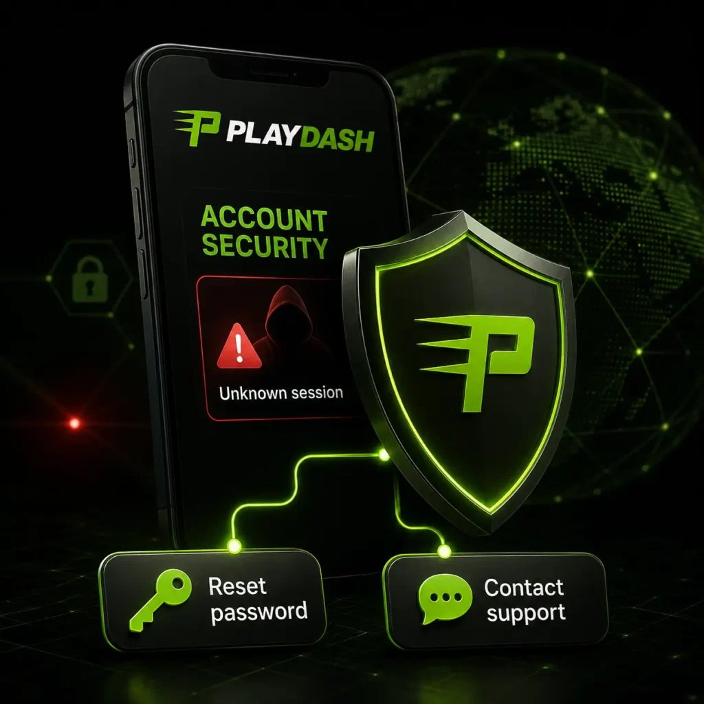 PlayDash account security alert with password reset and support options