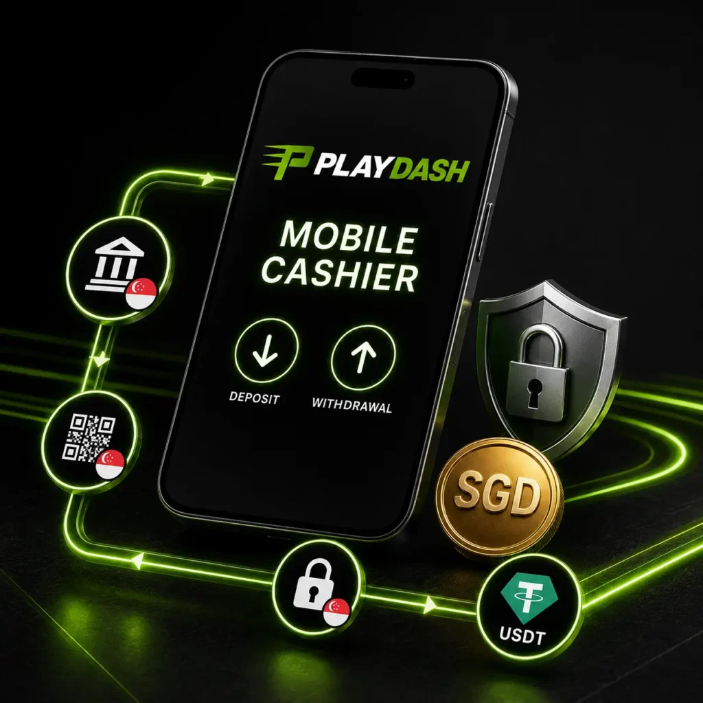 PlayDash mobile cashier with Singapore bank, QR, SGD and USDT payment options
