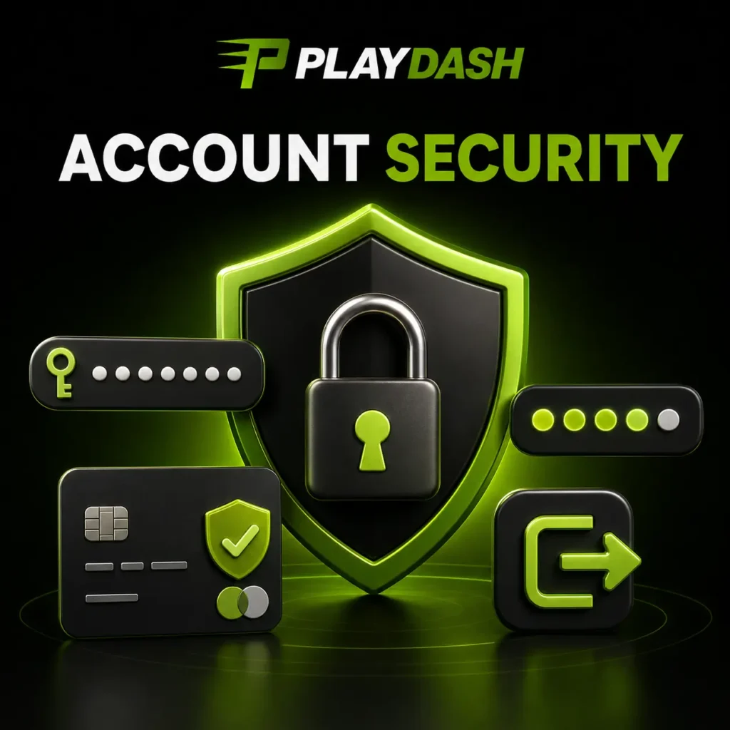 PlayDash account security with password, payment and logout protection