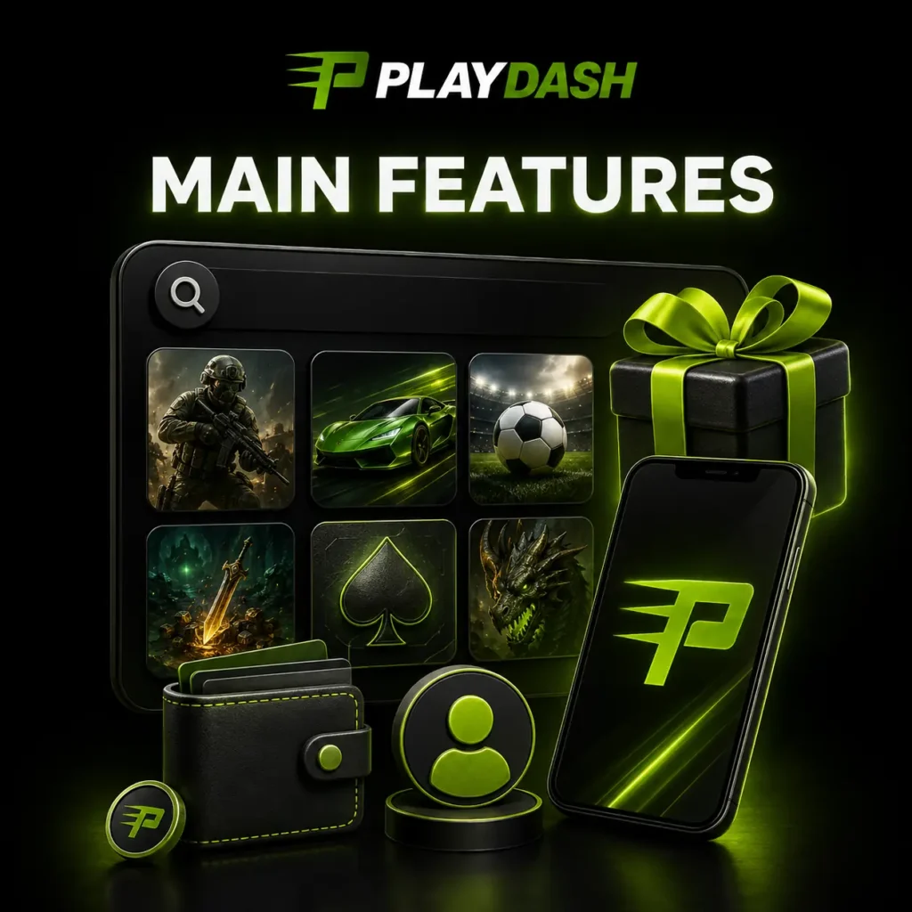 PlayDash main features including game search, promotions, account tools and mobile access